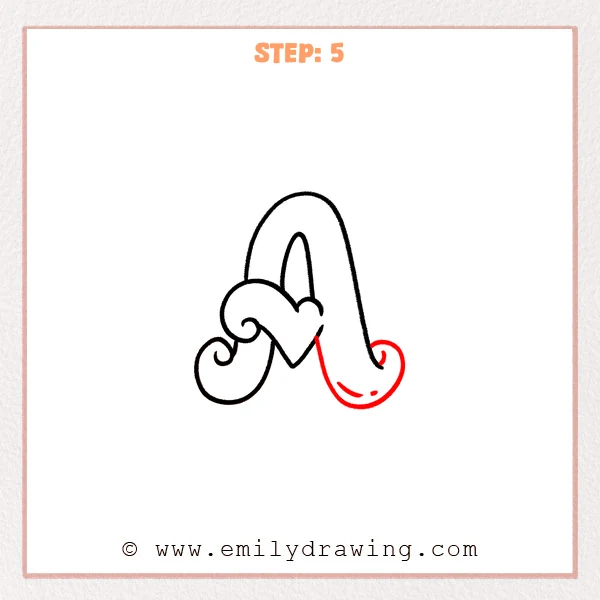 how to draw a fancy letter a - A fancy letter A with heart and spiral flourishes, now adding a curled tip on the right tail and a bold bottom swoosh with two small highlight gaps.